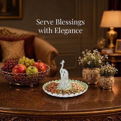 Diviniti Sage Green Peacock German Silver Platter elegantly showcasing nuts and fruits, enhancing the dining experience.