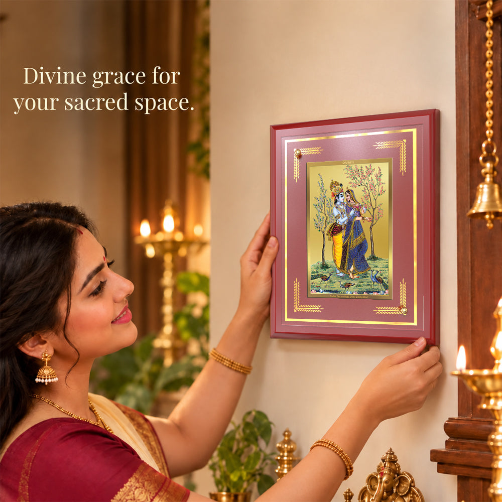 24K Gold-Plated Radha Krishna & Peacock MDF Frame | Premium Gift Box | 26x20 CM