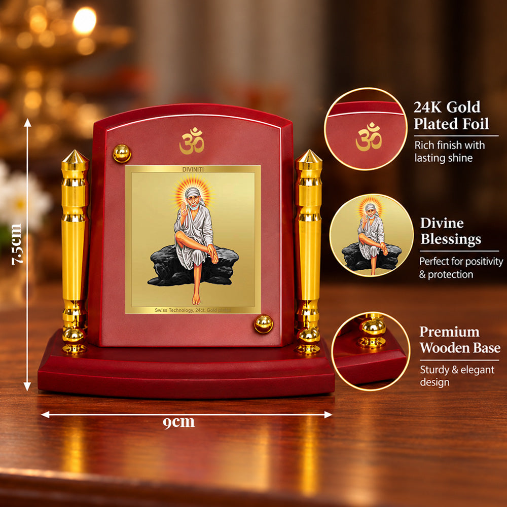 24K Gold-Plated Sai Baba MDF Car Dashboard Frame | 7.5x9 CM