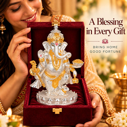 999 Silver-Plated Dual-Tone Lord Ganesha Idol | Premium Gift Box | 19.5x13 CM