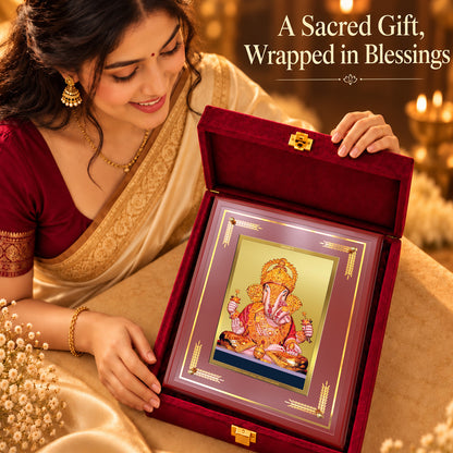 24K Gold-Plated Dagadu Ganesha MDF Frame | Premium Gift Box | 27x35 CM