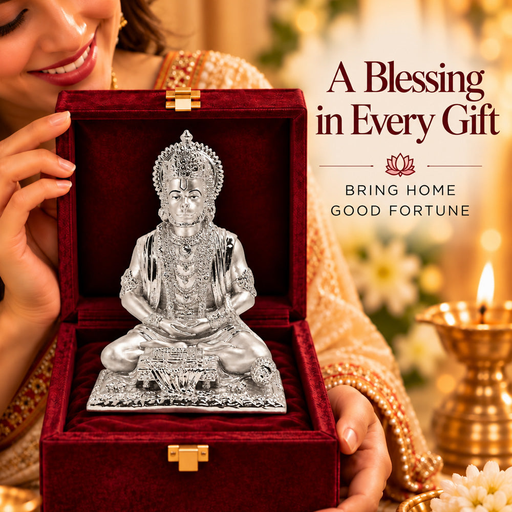 999 Silver-Plated Meditating Lord Hanuman Idol | Premium Gift Box | 20x16 CM