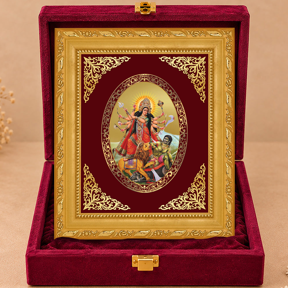 24K Gold-Plated Durga Mahishasura Mardini Frame | Premium Gift Box | 16x13.5 CM