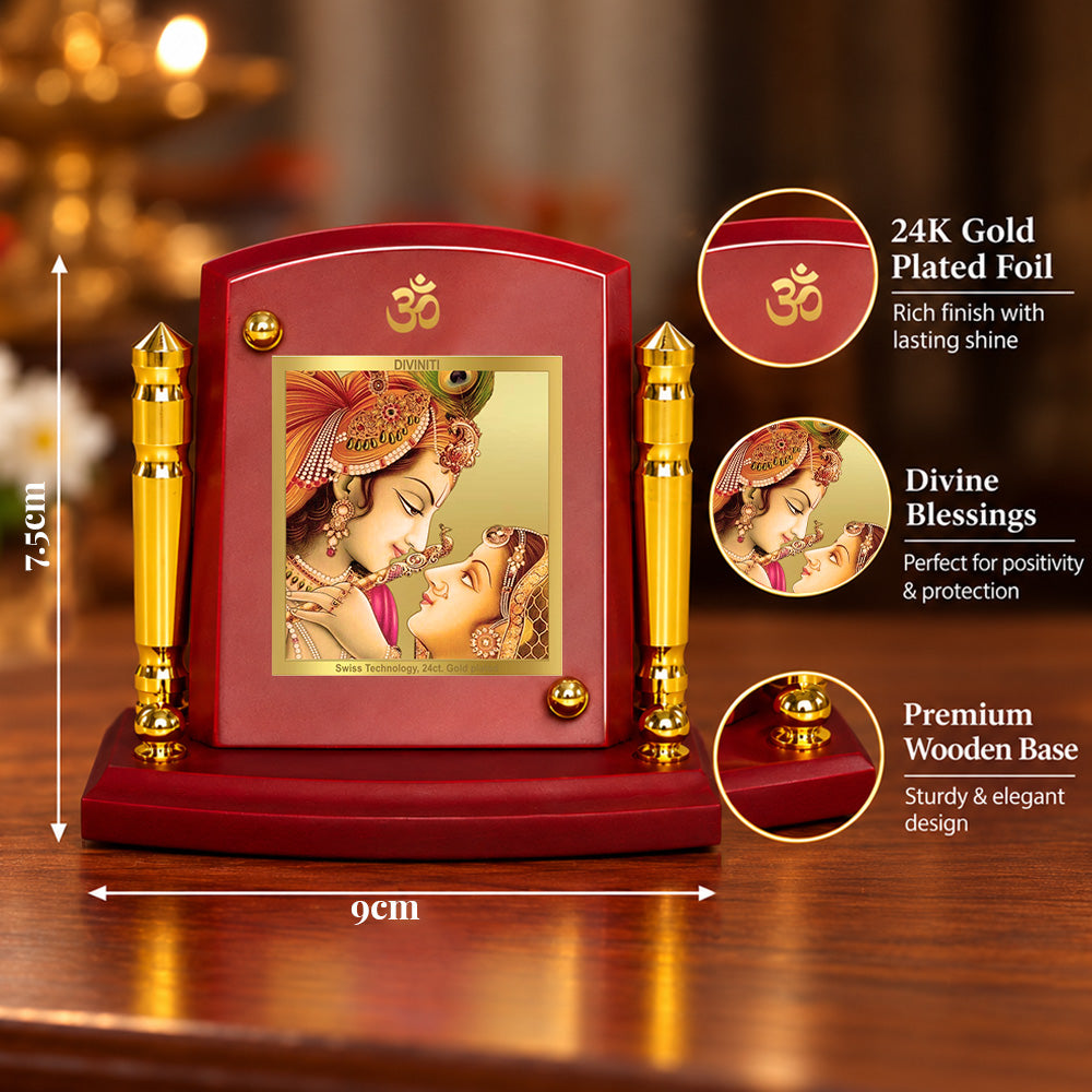 24K Gold-Plated Radha Krishna MDF Car Dashboard Frame | 7.5x9 CM