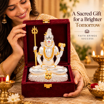 999 Silver-Plated Dual-Tone Lord Shiva Idol | Premium Gift Box | 16x12 CM
