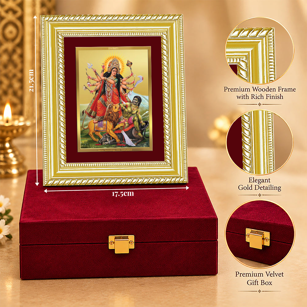 24K Gold-Plated Durga Mahishasura Mardini Frame | Premium Gift Box | 21.5x17.5 CM