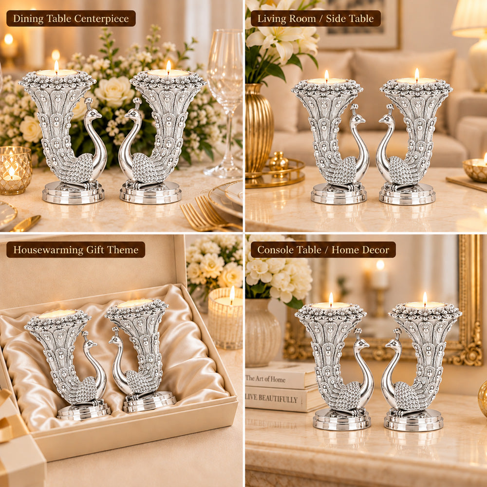 999 Silver-Plated Peacock Candle Holder Pair | Premium Gift Box | 10x8 CM