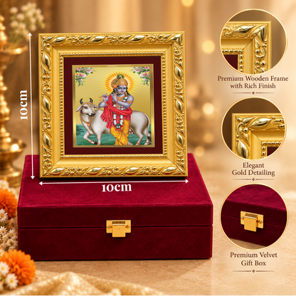 24K Gold-Plated Lord Krishna with Cow Frame | Premium Gift Box | 10x10 CM