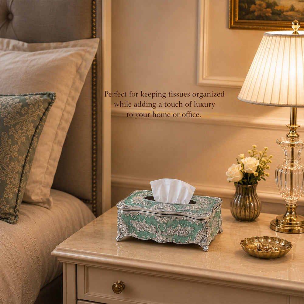 Diviniti Silver-Plated Tissue Holder | Green Enamel Ornate Tissue Box for Luxury Home Décor