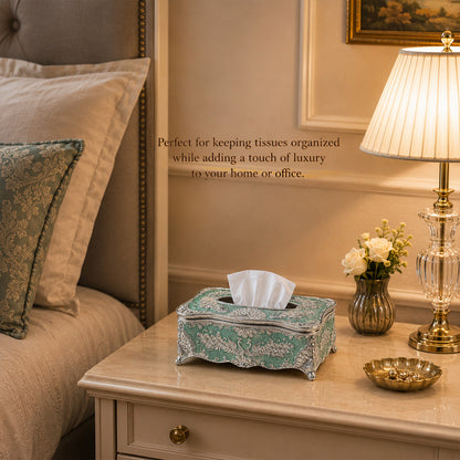 Diviniti Silver-Plated Tissue Holder | Green Enamel Ornate Tissue Box for Luxury Home Décor