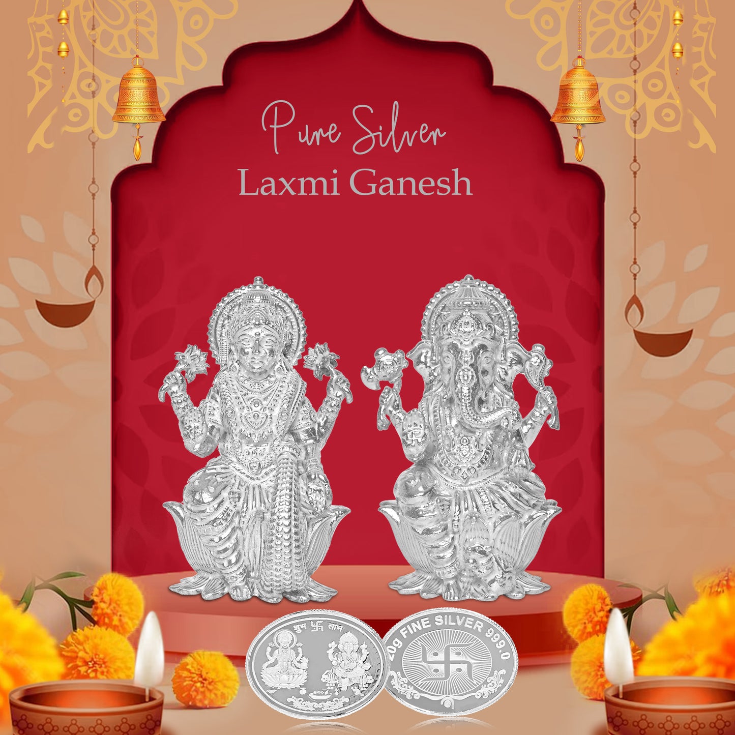 DIVINITI Pure Silver Coin Featuring Laxmi Ganesh & Om A Sacred Symbol of Prosperity and Spirituality for Home & Office Décor, Puja Room Diwali Gift (20g)