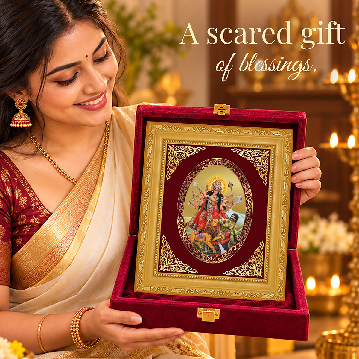 24K Gold-Plated Durga Mahishasura Mardini Frame | Premium Gift Box | 21.5x17.5 CM