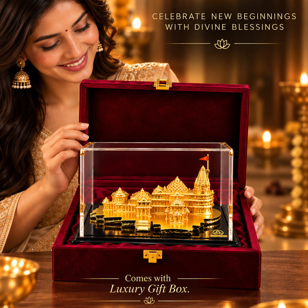 24K Gold-Plated Ram Mandir Showpiece | Premium Gift Box | 12x23 CM