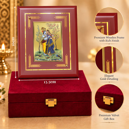 24K Gold-Plated Radha Krishna with Peacock MDF Frame | Premium Gift Box | 13.5x16 CM
