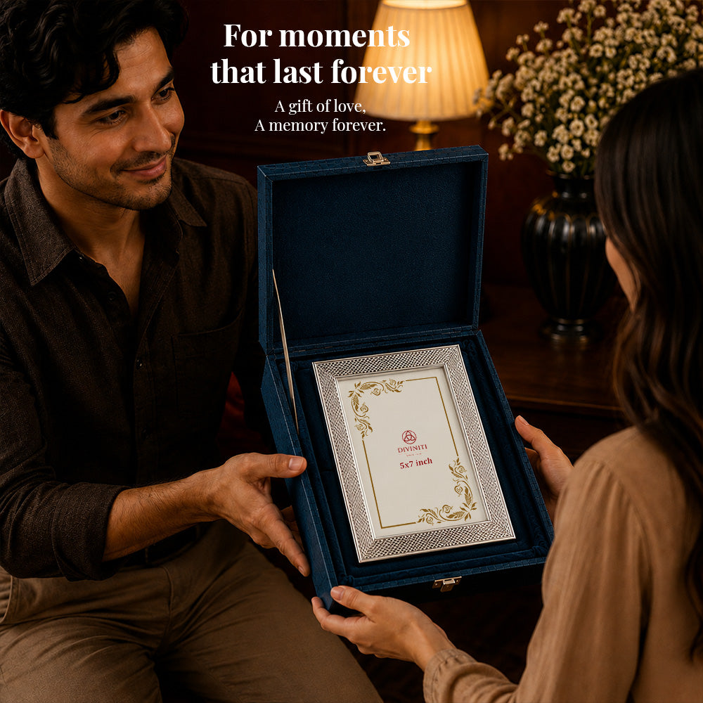 Diviniti Silver-Plated Decorative Photo Frame | Elegant Textured Tabletop Frame | 15 x 20 cm
