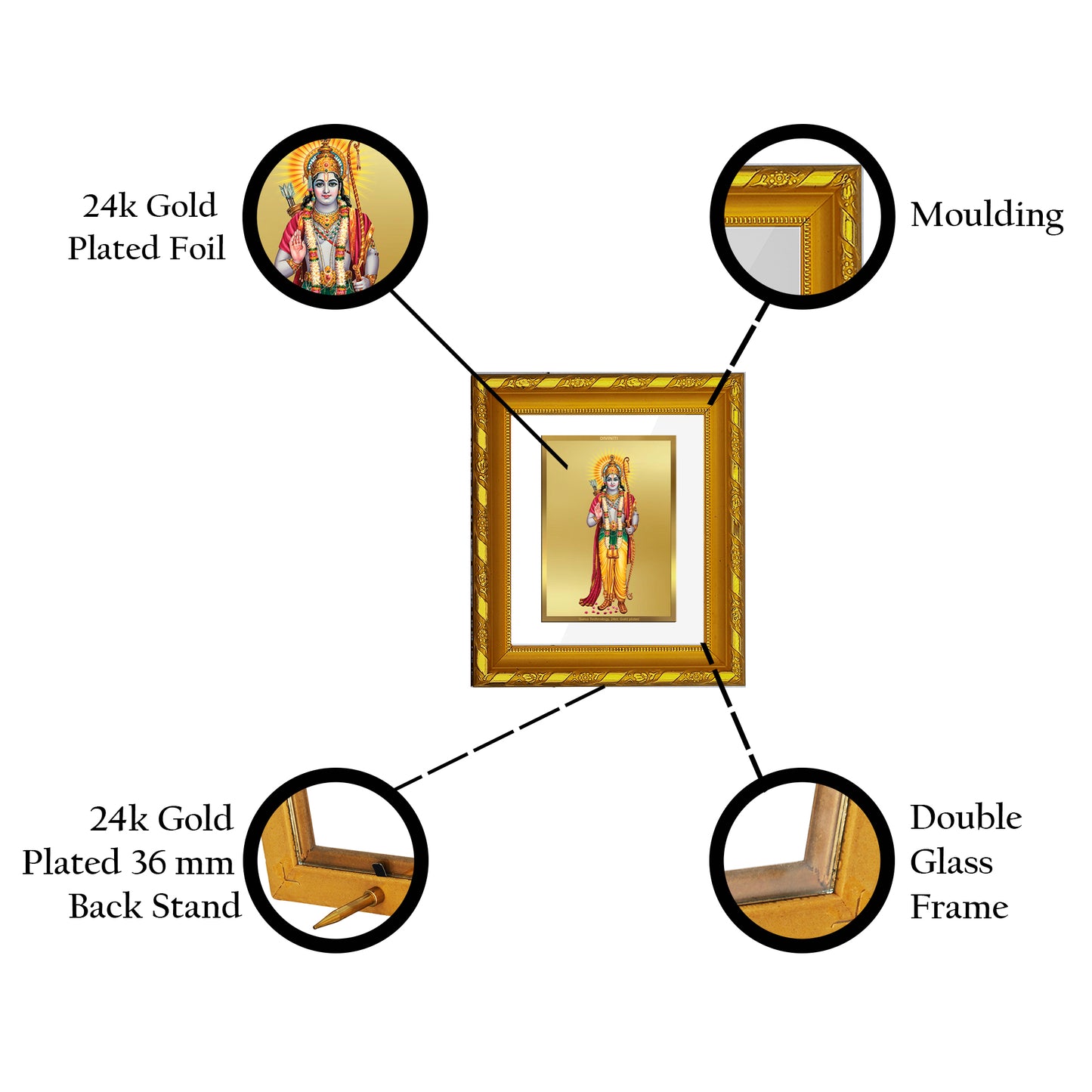 DIVINITI 24K Gold Plated Lord Shri Ram Photo Frame Idol for Wall Hanging, Puja Room, Tabletop, Home Decor, Workshop, Gifts | DG103S1A (10x10 CM)