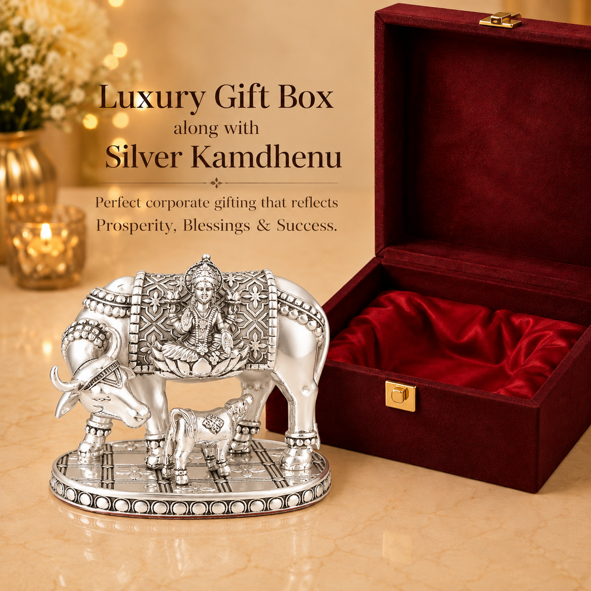 999 Silver-Plated Kamdhenu Cow Idol | Premium Gift Box | 8x10 CM