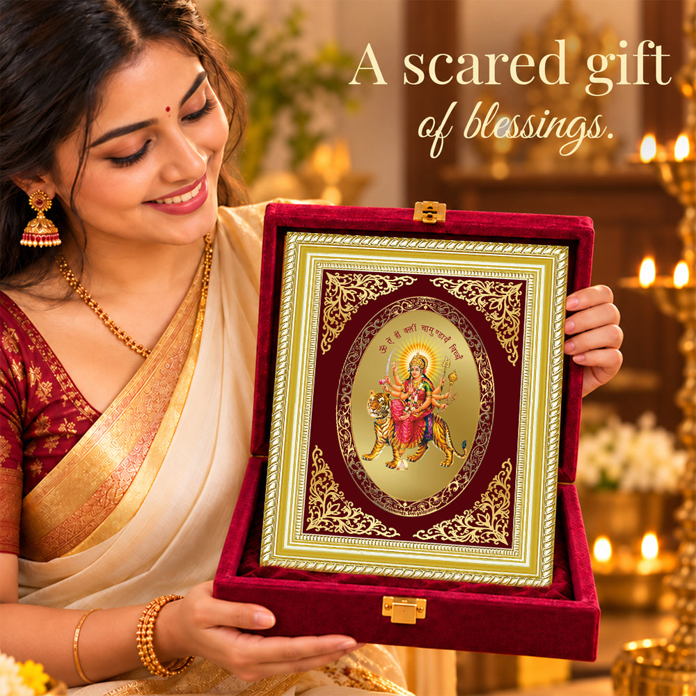 24K Gold-Plated Durga with Mantra Frame | Premium Gift Box | 26x20 CM