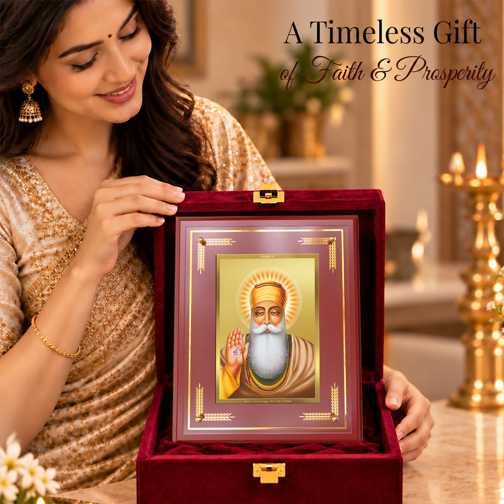24K Gold-Plated Guru Nanak Dev Ji MDF Frame | Premium Gift Box | 17.5x21.5 CM