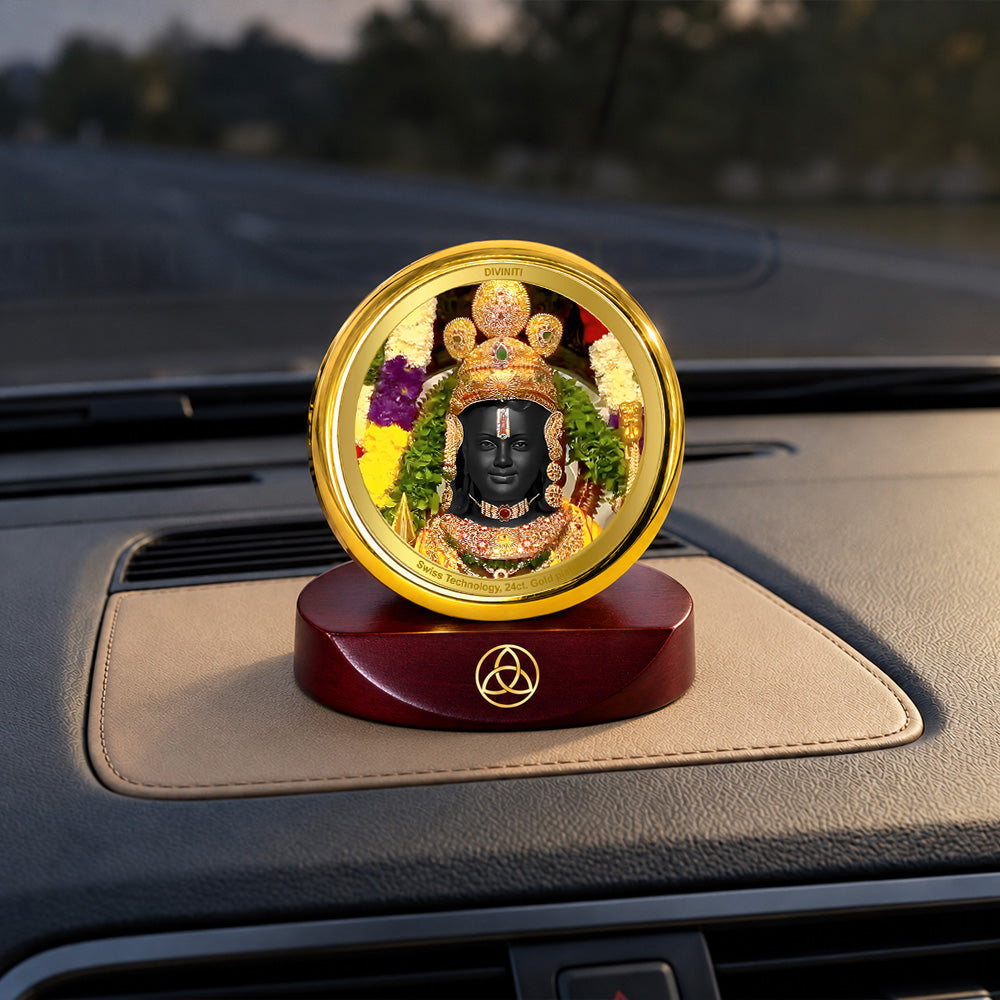 24K Gold-Plated Ram Lalla Car Dashboard Frame | 5x5 CM