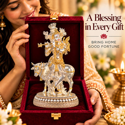 999 Silver-Plated Dual-Tone Lord Krishna with Cow Idol | Premium Gift Box | 26x15 CM