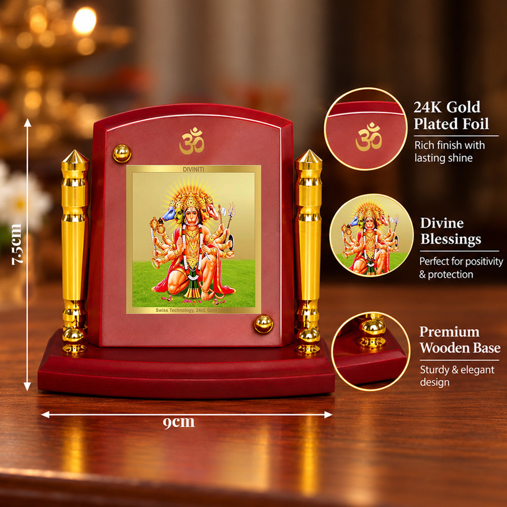 24K Gold-Plated Panchmukhi Hanuman MDF Car Dashboard Frame | 7.5x9 CM