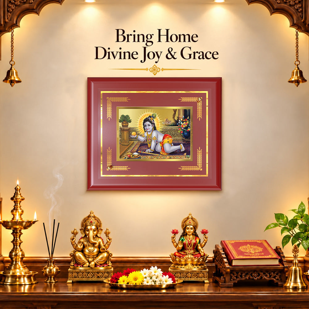 24K Gold-Plated Laddu Gopal MDF Frame | Premium Velvet Gift Box | 27x35 CM