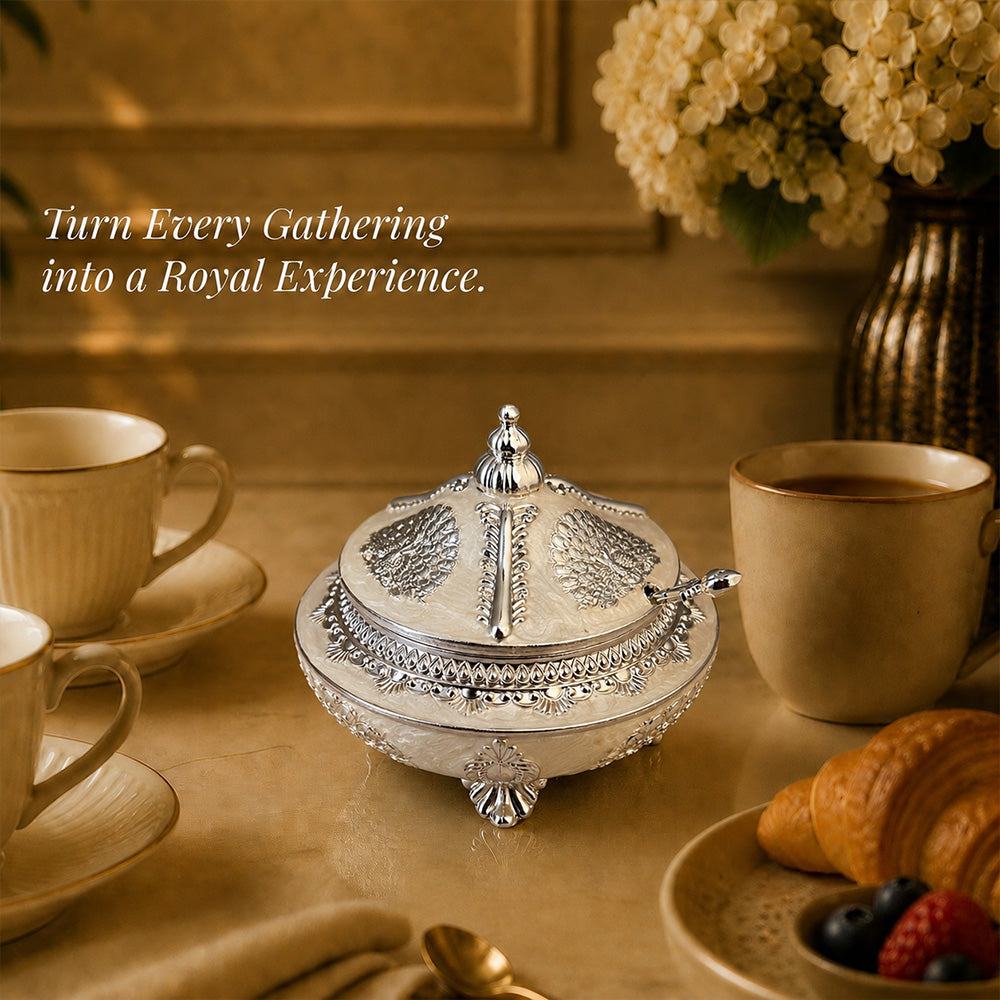 Diviniti Premium Silver-Plated Decorative Sugar Pot | White Enamel Lidded Bowl for Festive Serving & Home Décor