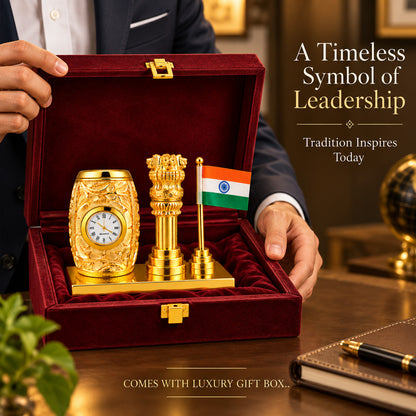 24K Gold-Plated Ashoka Stambh Pen Stand | Premium Gift Box | 12x15 CM