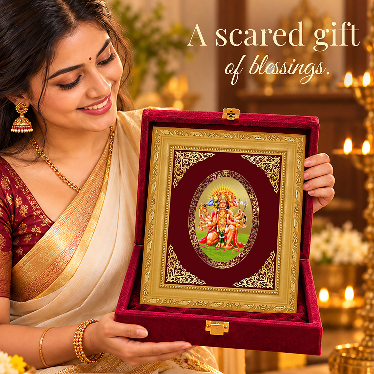 24K Gold-Plated Panchmukhi Hanuman Frame | Premium Gift Box | 21.5x17.5 CM