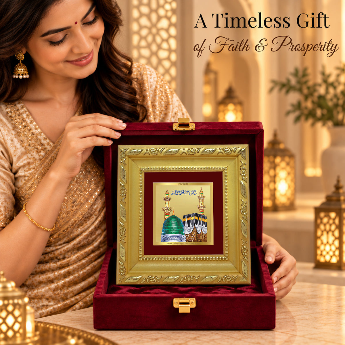 24K Gold-Plated Mecca Madina Frame | Premium Gift Box | 10x10 CM