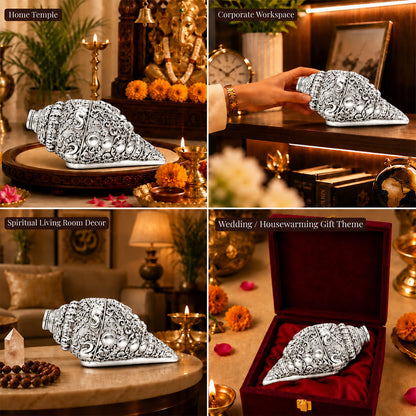 999 Silver-Plated Ganesha Shankh | Premium Gift Box | 12x6 CM