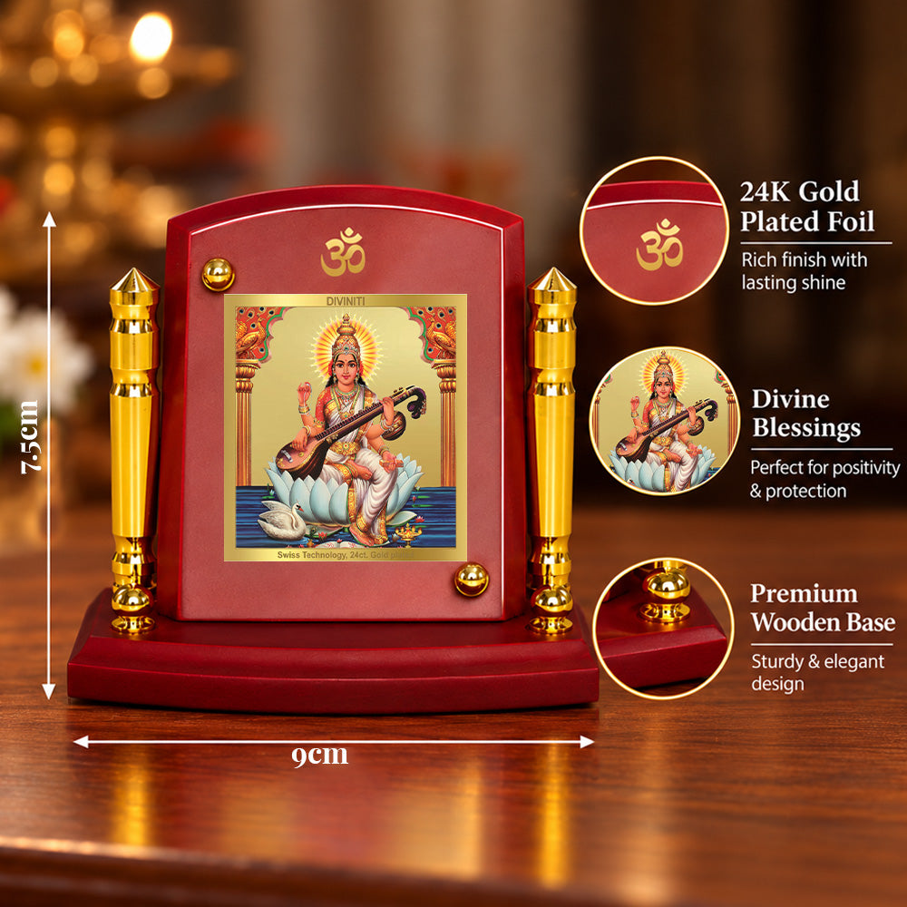 24K Gold-Plated Goddess Saraswati MDF Car Dashboard Frame | 7.5x9 CM