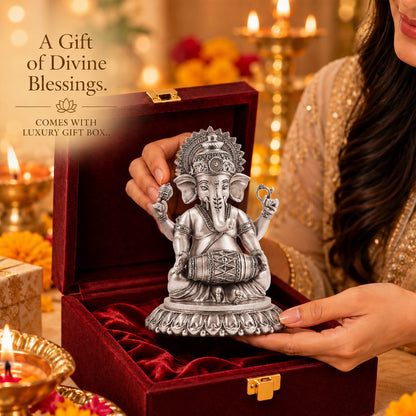 999 Silver-Plated Antique Dholak Ganesha Idol | Premium Gift Box | 15x12 CM