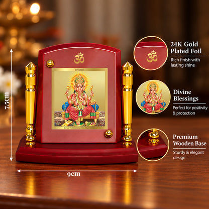 24K Gold-Plated Lord Ganesha MDF Car Dashboard Frame | 7.5x9 CM