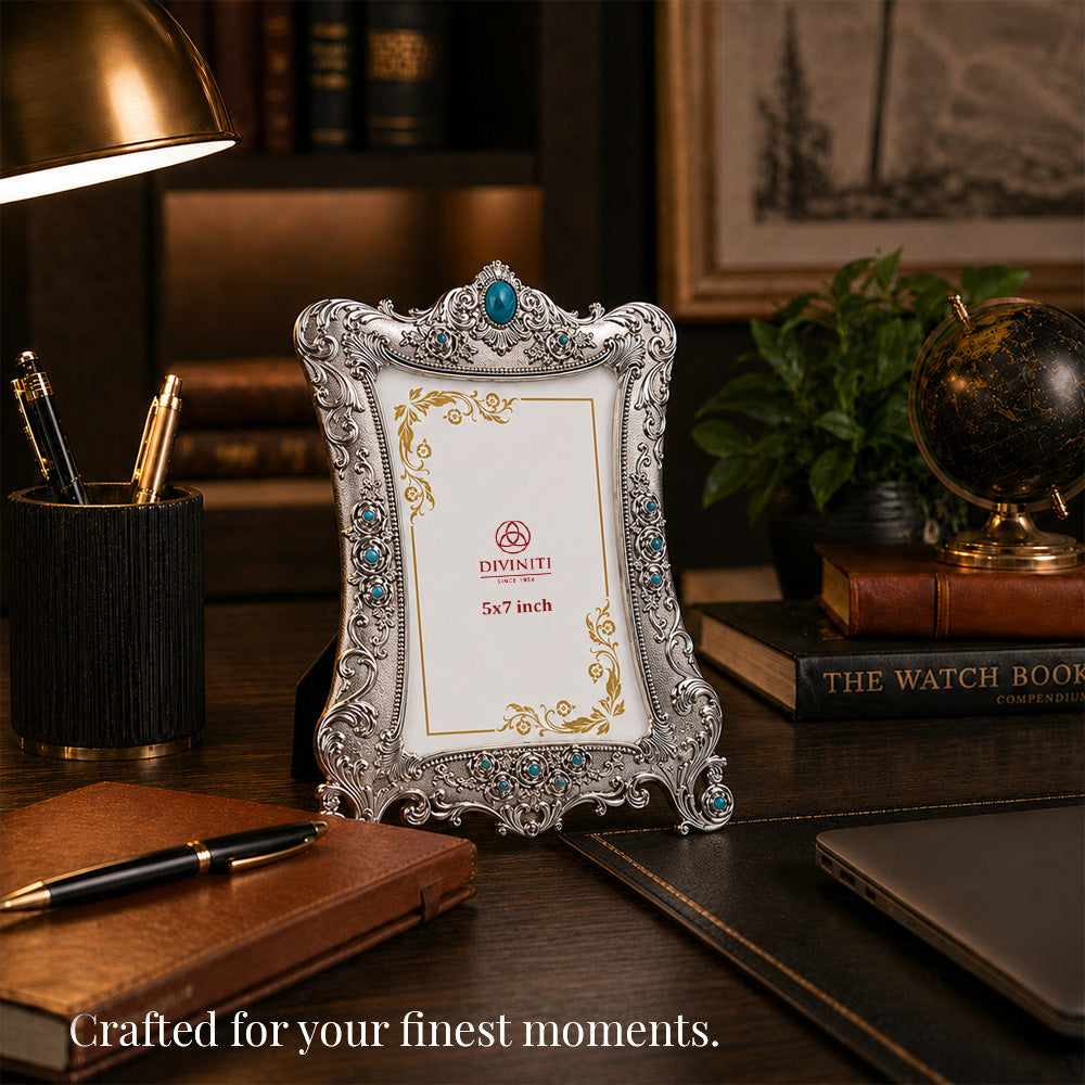 Diviniti Antique Silver-Plated Ornate Photo Frame with Turquoise Stone Accents | Luxury Vintage Tabletop Picture Frame | 5 x 7 Inch