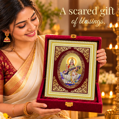 24K Gold-Plated Saraswati Mata Frame | Premium Gift Box | 26x20 CM