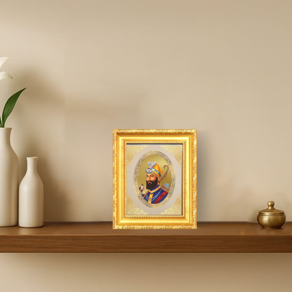 Guru Gobind Singh Ji Divine Sikh Guru Warrior Sacred Royal Tabletop Frame in 24K Gold Plated Foil