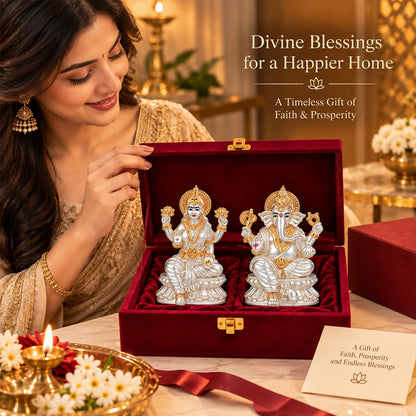 999 Silver-Plated Dual-Tone Lakshmi Ganesha Idol | Premium Gift Box | 9x12CM