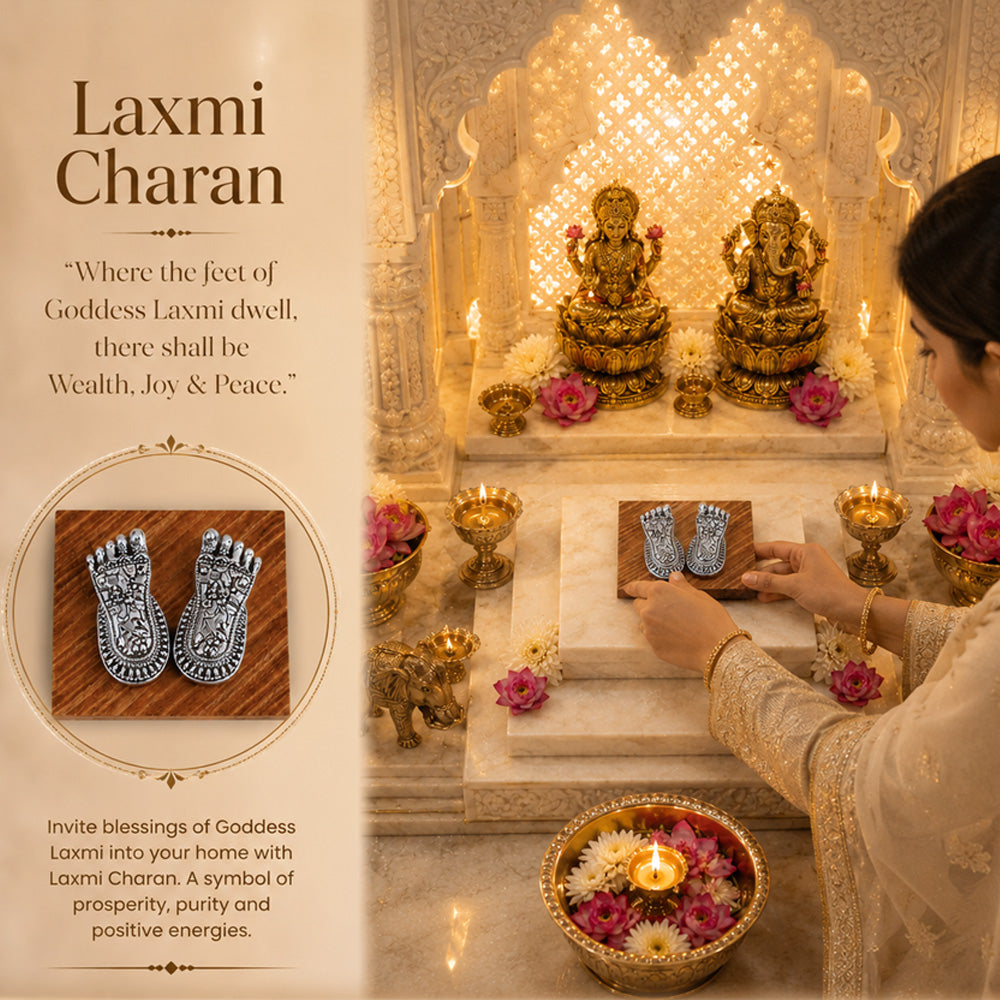 Diviniti 999 Silver Plated Laxmi Charan Paduka with Gift Box | Antique Decor