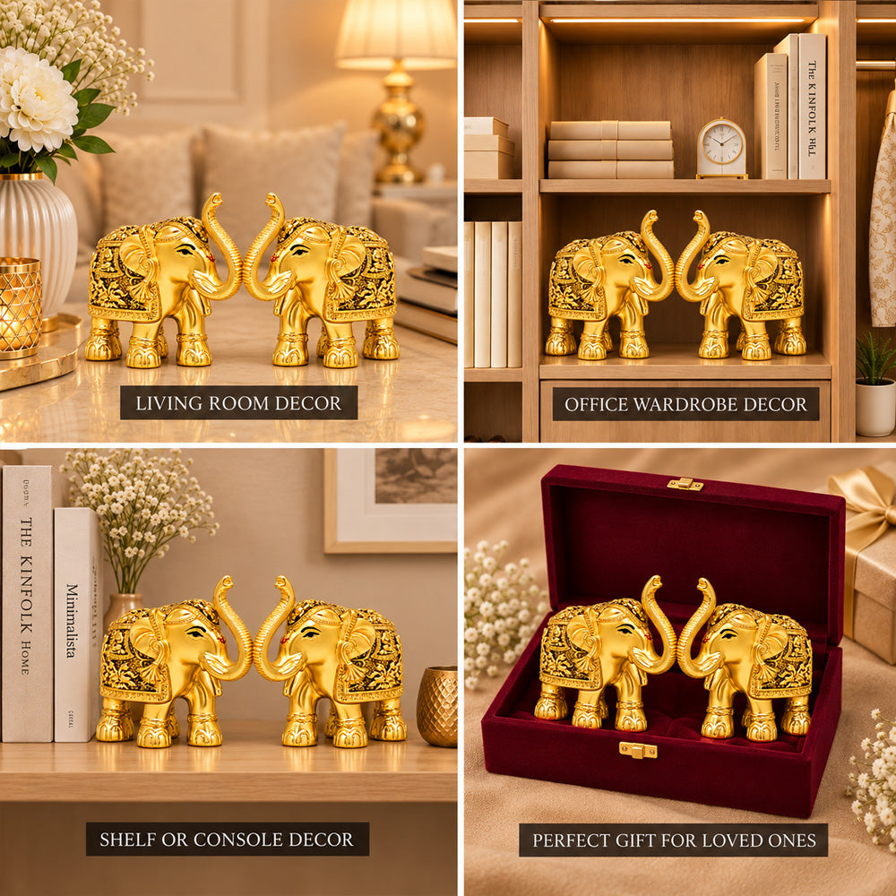 999 Gold-Plated Elephant Pair | Premium Gift Box | 11x12 CM
