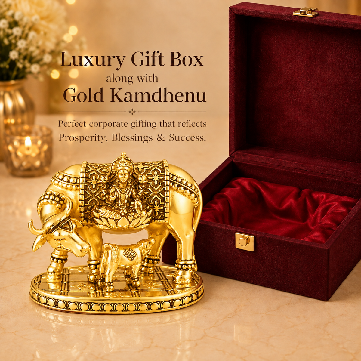 24K Gold-Plated Kamdhenu Cow Idol | Premium Gift Box | 8x10 CM