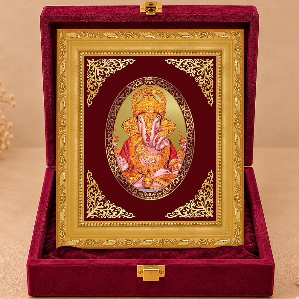 24K Gold-Plated Dagadu Ganesha Frame | Premium Gift Box | 16x13.5 CM