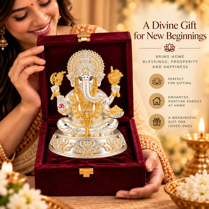 999 Silver-Plated Dual-Tone Lord Ganesha Idol | Premium Gift Box | 15x12 CM