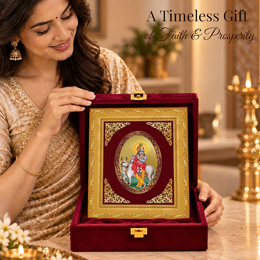 24K Gold-Plated Lord Krishna with Surabhi Cow Frame | Premium Gift Box | 16x13.5 CM