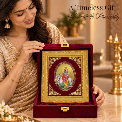 24K Gold-Plated Lord Krishna with Surabhi Cow Frame | Premium Gift Box | 16x13.5 CM