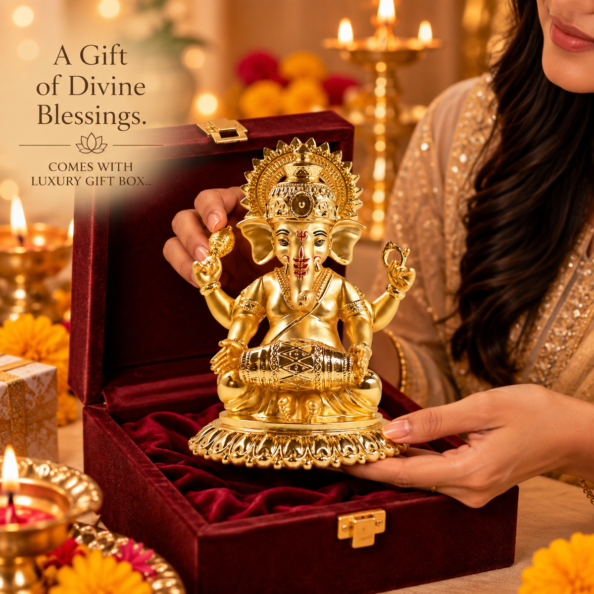 24K Gold-Plated Dholak Ganesha Idol | Premium Gift Box | 15x12 CM