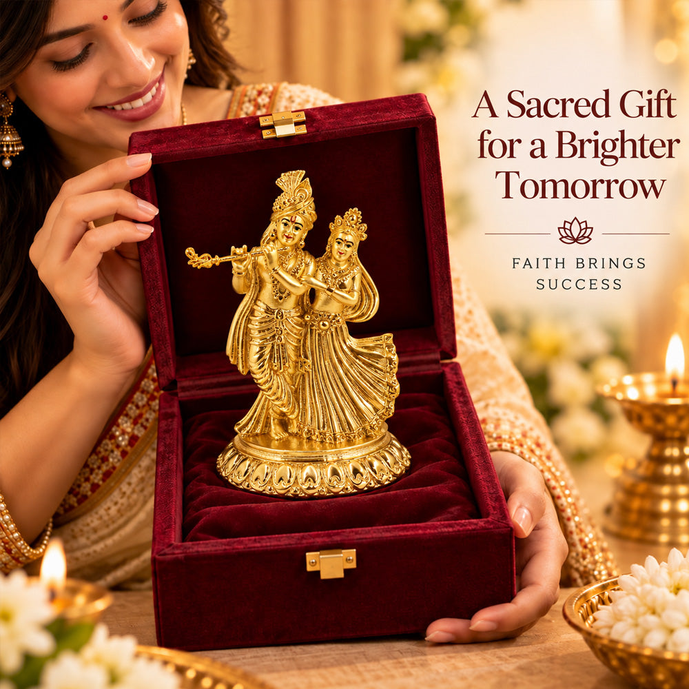 24K Gold-Plated Radha Krishna Idol | Premium Gift Box | 11.5x8 CM