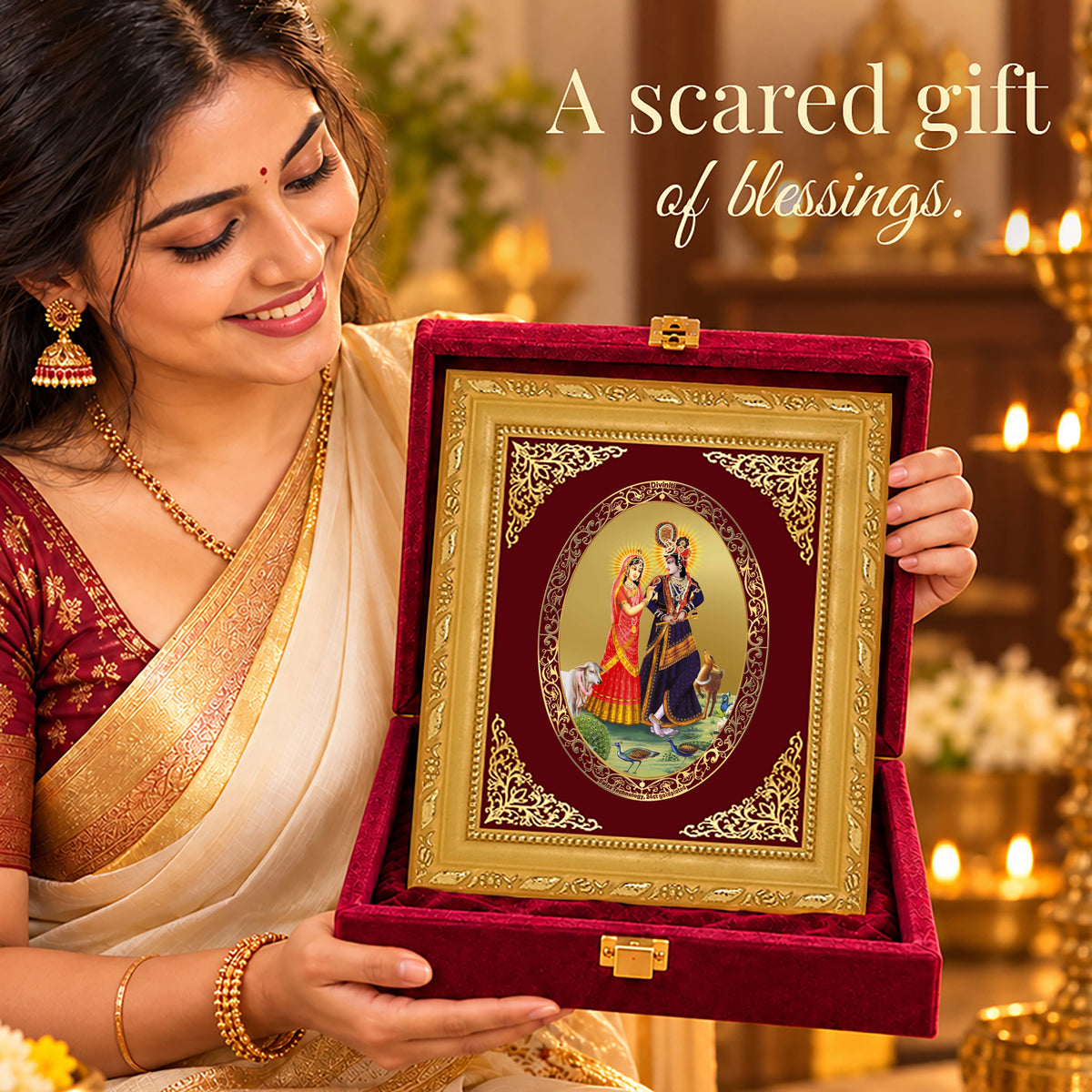 24K Gold-Plated Radha Krishna with Cow Frame | Premium Gift Box | 21.5x17.5 CM