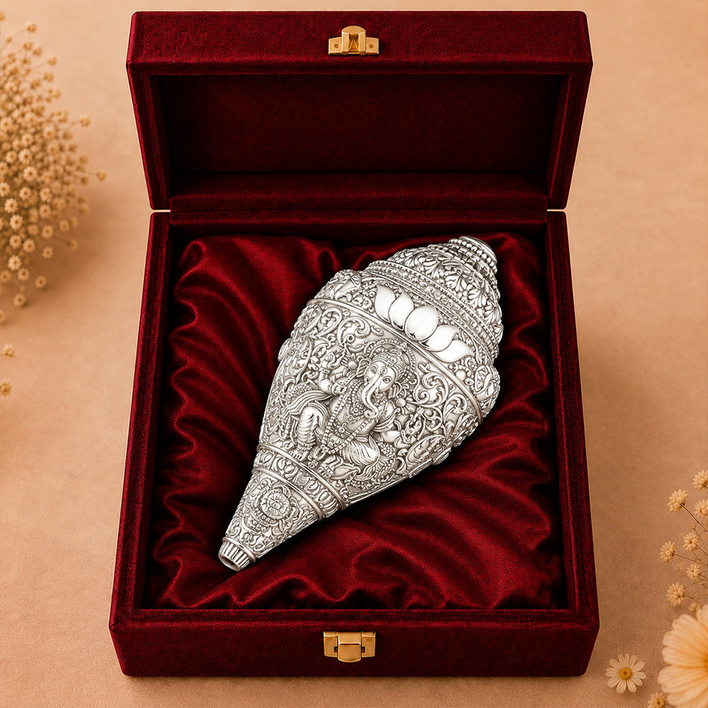 999 Silver-Plated Ganesha Shankh | Premium Gift Box | 14x8 CM